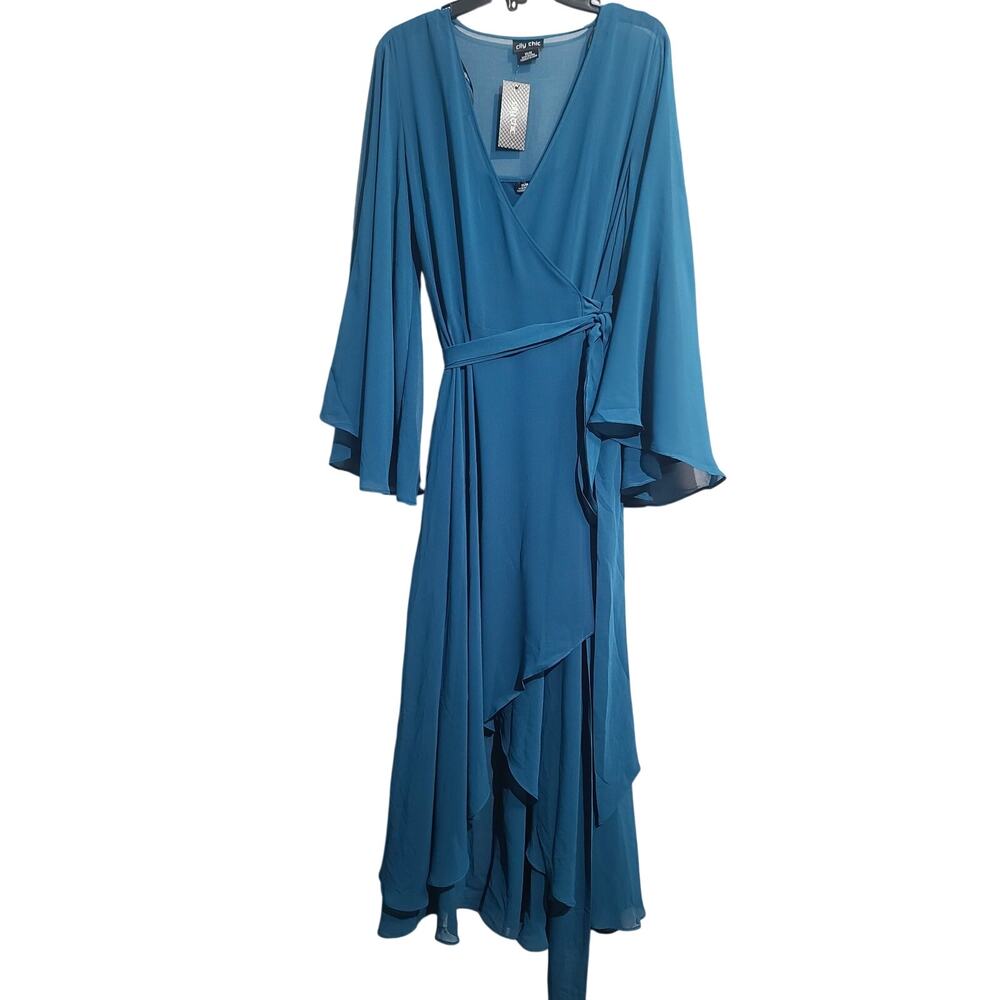 City Chic Plus Size Fleetwood Teal Chiffon Maxi Wrap Dress 14 US XS NWT Hi-Lo - Picture 2 of 5
